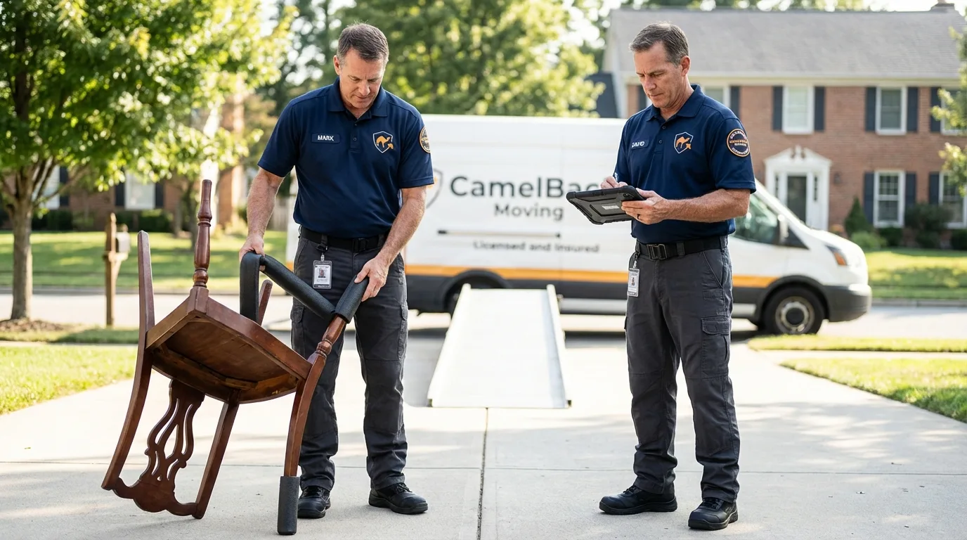 Movers inspecting furniture for damage prevention before loading in Myrtle Creek, OR