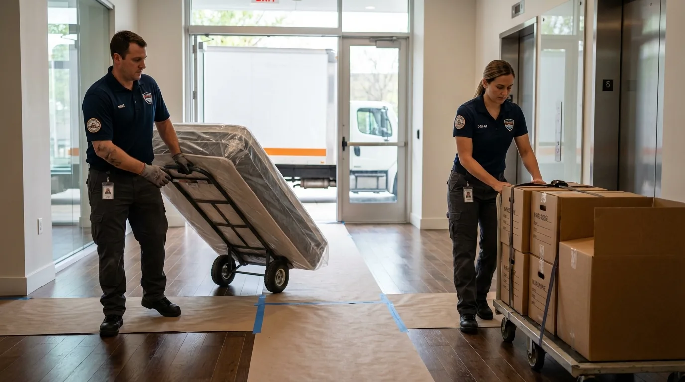 Professional apartment movers loading elevator in Myrtle Creek, OR
