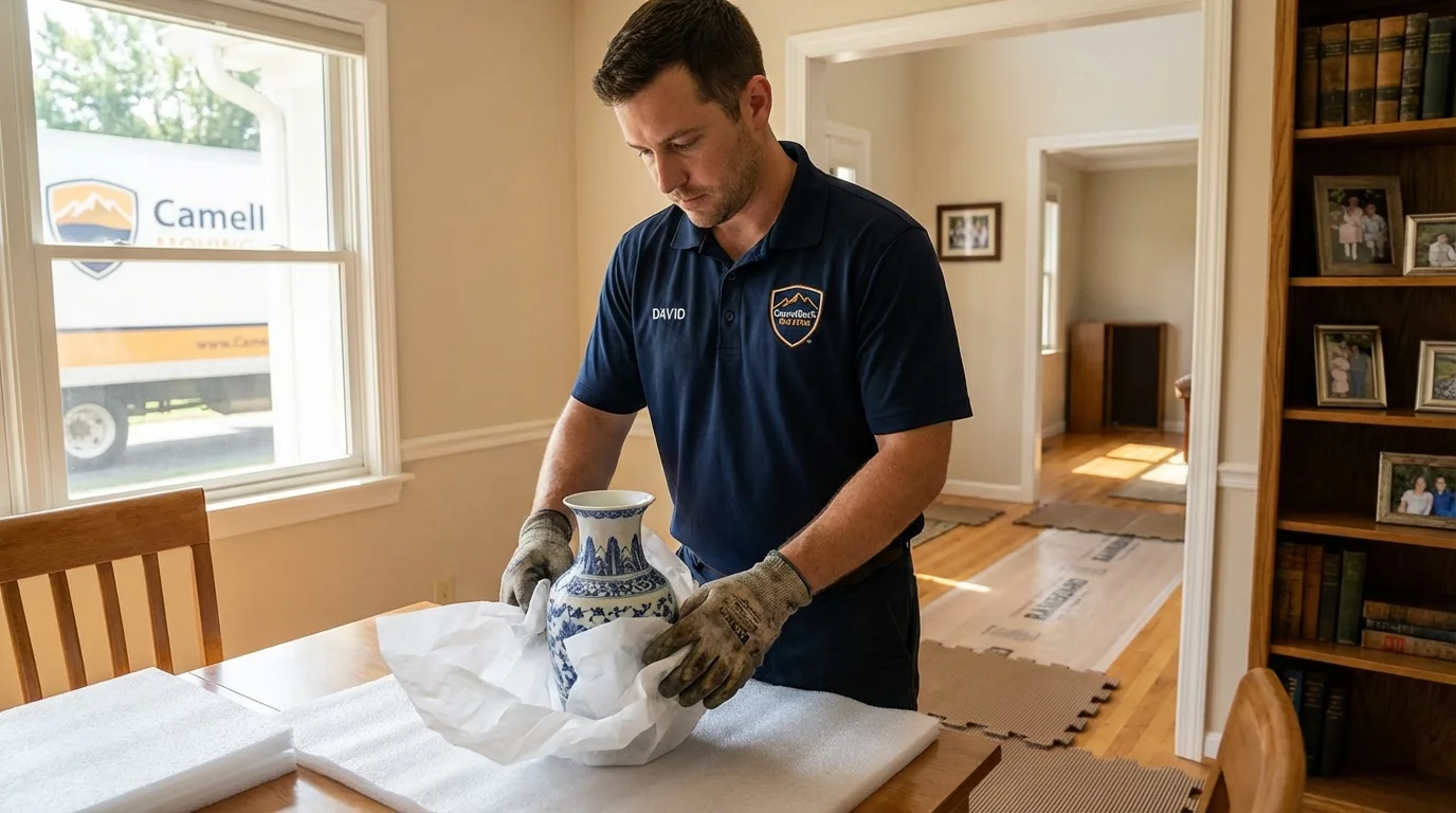 Professional crew carefully wrapping antique vase for senior downsizing move in Myrtle Creek, OR